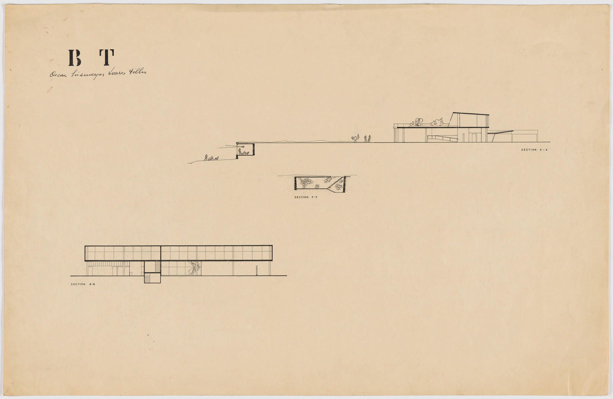 Oscar Niemeyer, Roberto Burle Marx. Beach House for Mr. and Mrs. Burton Tremaine, project, Santa Barbara, California (Sections). 1948