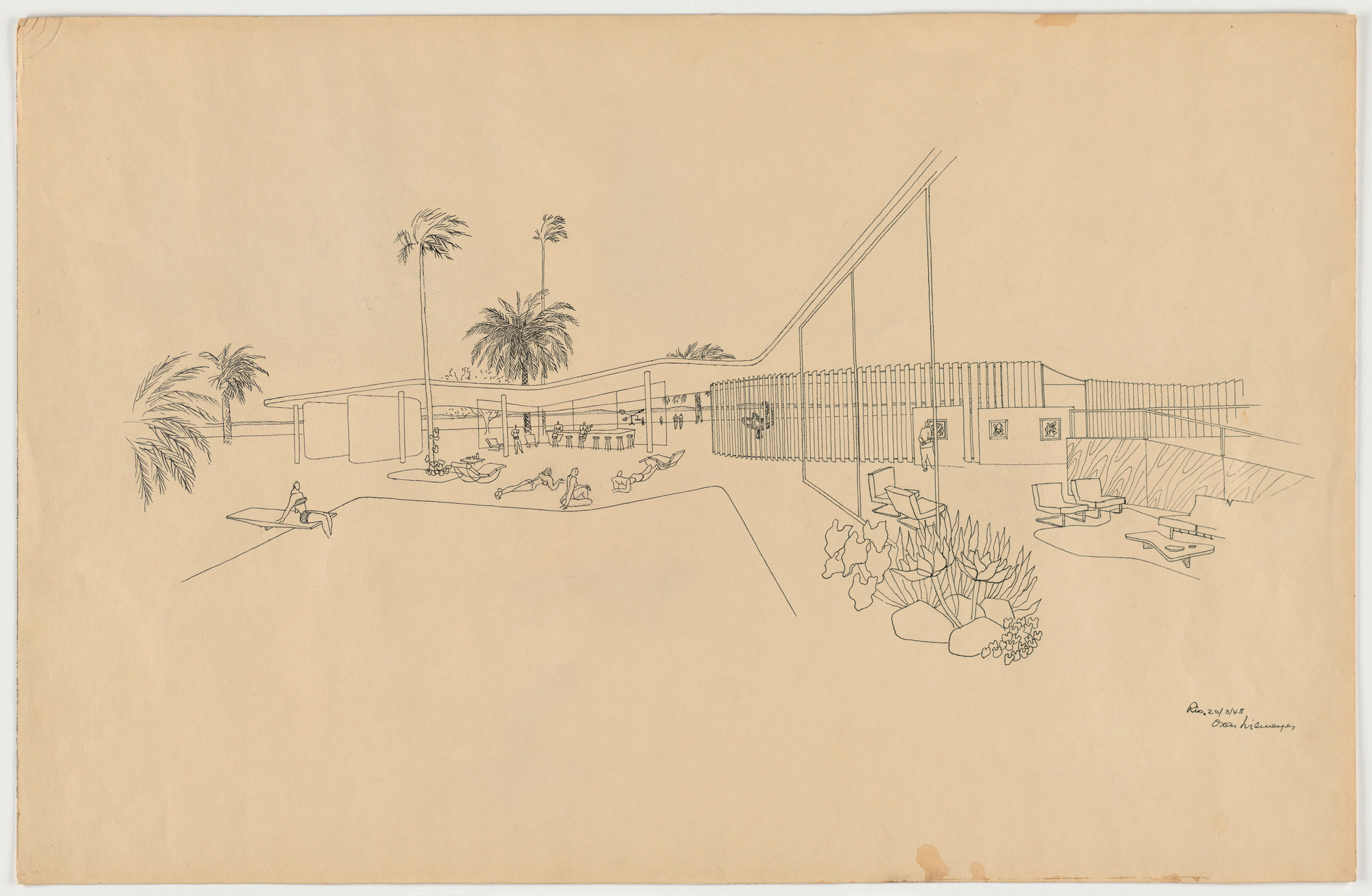 Oscar Niemeyer, Roberto Burle Marx. Beach House for Mr. and Mrs. Burton Tremaine, project, Santa Barbara, California (Exterior perspective, over pool with living room on right). 1948