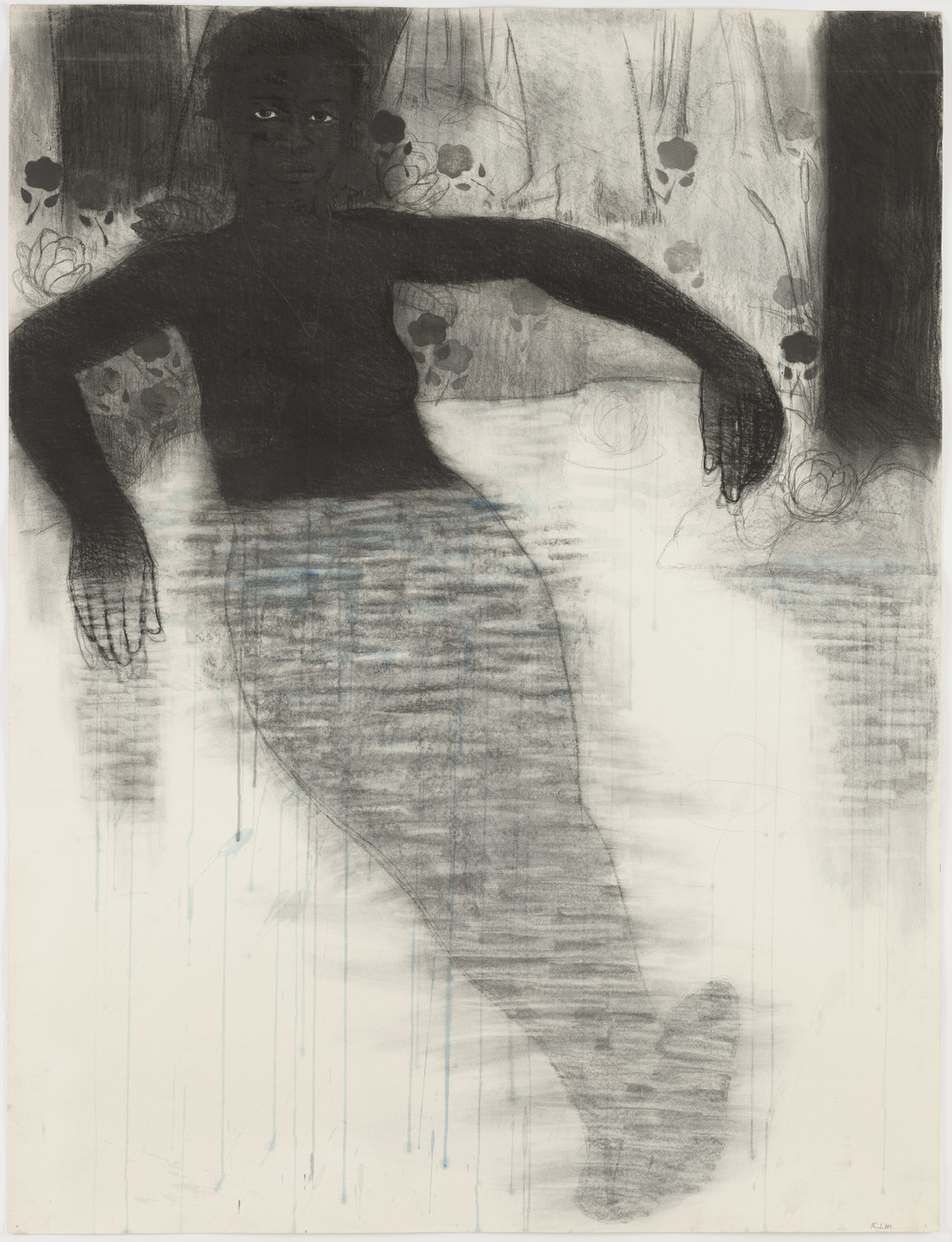 A figure with dark shading lies with arms outstretched and body partially submerged in a lightly shaded, water-like background. The scene includes floral outlines and vertical lines, predominantly in grayscale and light blue. This is an AI generated description. To give feedback, email ai@moma.org.