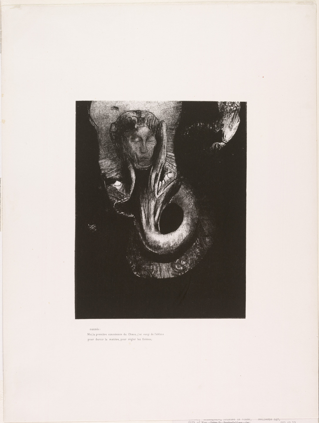 Odilon Redon. Oannès: I, the First Consciousness of Chaos, Arose from the Abyss to Harden Matter, to Regulate Form (Oannès: Moi, la première conscience du chaos, j'ai surgi de l'abîme pour durcir la matière, pour régle) from The Temptation of Saint Anthony (La Tentation de Saint-Antoine). 1896