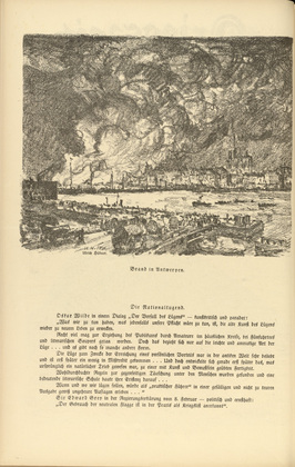 Ulrich Hübner. Fire in Antwerp (Brand in Antwepen)  (headpiece, p. 112) from the periodical Kriegszeit. Künstlerflugblätter, vol. 1, no. 28 (24 Feb 1915). 1915