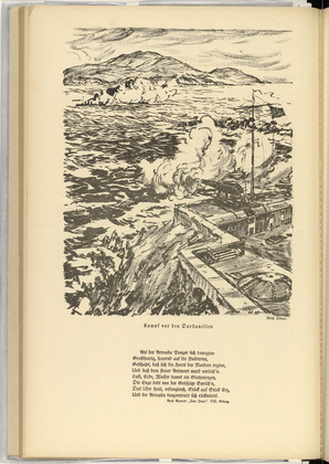 Ulrich Hübner. Battle at the Dardanelles (Kampf vor den Dardanellen) (plate, p. 120) from the periodical Kriegszeit. Künstlerflugblätter, vol. 1, no. 30 (10 March 1915). 1915