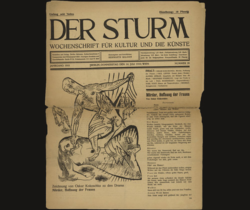 Drawing for <i>Mörder, Hoffnung der Frauen</i> (in-text plate, title page) from the periodical <i>Der Sturm. Wochenschrift für Kultur und Künste</i>, vol. 1, no. 20 (July 14, 1910)