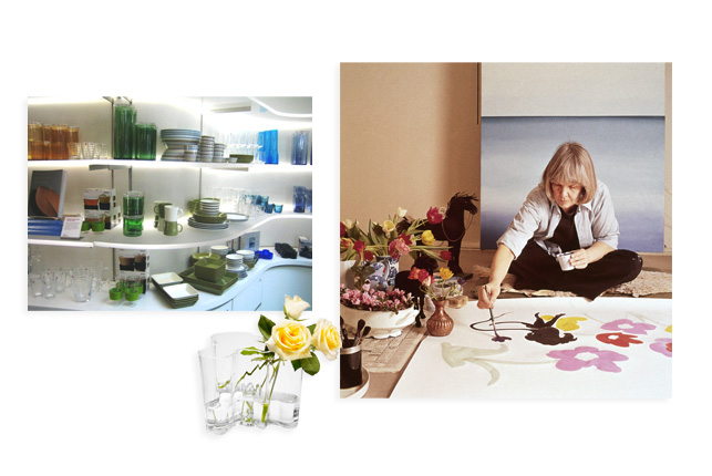 Finnish Design, May 2005. Top left: A display of Finnish tableware at the MoMA Design Store. Bottom left: Alvar Aalto. Clear Aalto Vase. 1936. Right: Maija Isola (pictured here) created some of Finnish textile company Marimekko's most iconic prints throughout the 1960s, 1970s, and 1980s.