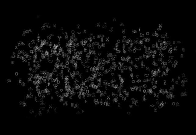 The title wall animation, made out of icons of works in the show