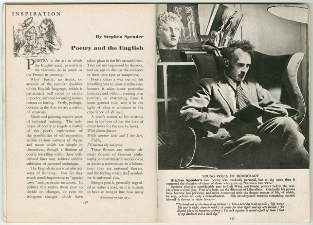 Bill Brandt. Excerpts from <em>Lilliput.</em> December 1941: 477–84. Photographs of eight contemporary English poets, including Stephen Spender, Cecil Day Lewis, Dylan Thomas, Louis MacNeice, Alun Lewis, Anne Ridler, Laurie Lee, and William Empson mark the beginning of Brandt’s mature portraits