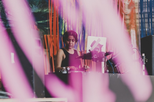 Maria Chavez opens the day mixing tracks with recordings she took of cups crunching under peoples’ feet at past Warm Up events. MoMA PS1 Warm Up, Saturday, August 2, 2014. Photo: Charles Roussel