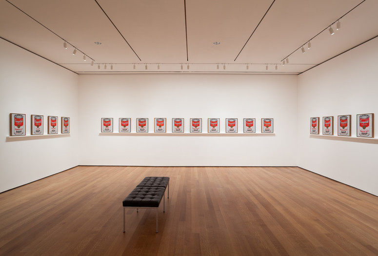 Installation view of Andy Warhol: Campbell's Soup Cans and Other Works, 1953–1967. Photo: Jonathan Muzikar. © 2015 The Museum of Modern Art, New York