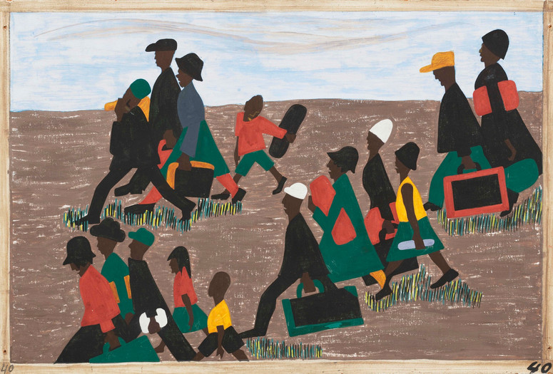 Jacob Lawrence (American, 1917–2000). The migrants arrived in great numbers, 1940-41. Casein tempera on hardboard. 12 x 18&#34; (30.5 x 45.7 cm). Gift of Mrs. David M. Levy. © 2014 Jacob Lawrence