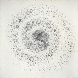 Mira Schendel. Untitled from the series Graphic Objects. 1972. Pressure sensitive transfer type on thin Japanese paper, 37 3/8 × 37 3/8″ (95 × 95 cm). Clara Sancovsky Collection. © 2009 Mira Schendel Estate