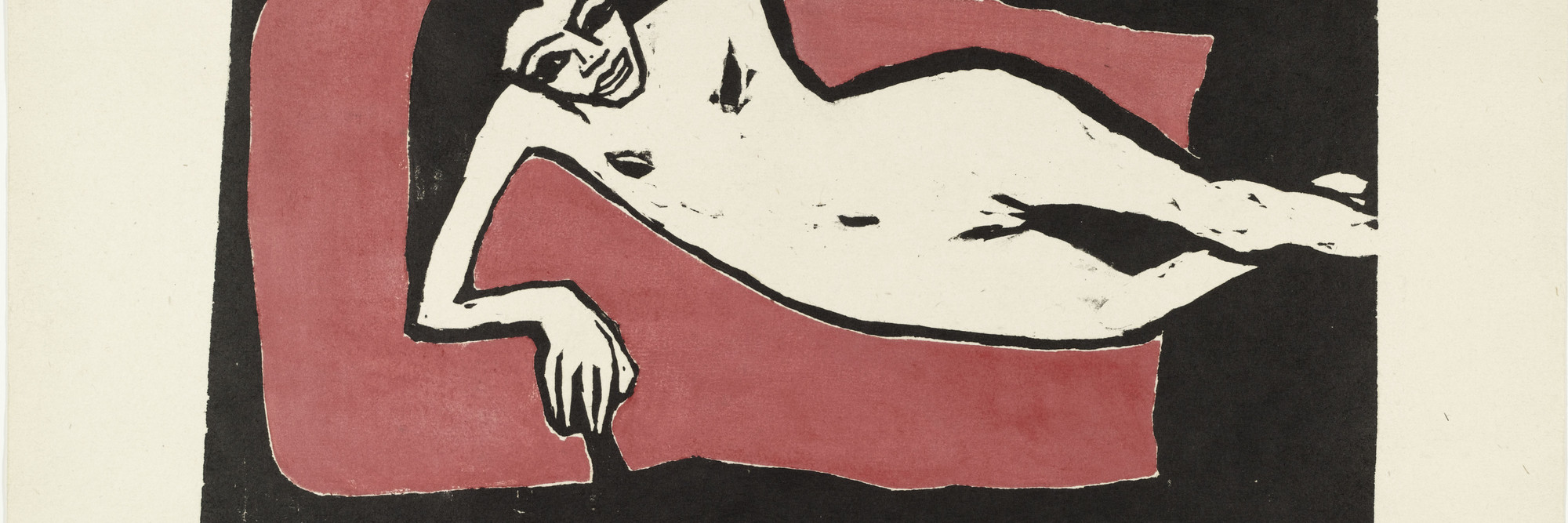 Erich Heckel. Fränzi Reclining (Fränzi liegend). 1910. Woodcut. Composition: 8 15/16 × 16 9/16″ (22.6 × 42.1 cm). Publisher: unknown. Printer: probably the artist, Dresden. Edition: unknown. The Museum of Modern Art, New York. Gift of Mr. and Mrs. Otto Gerson. © 2001 Artists Rights Society (ARS), New York/VG Bild-Kunst, Bonn