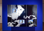 Dara Birnbaum. PM Magazine (detail). 1982. Four-channel video (color, three channels of stereo sound, 6:30 min.), two chromogenic prints, Speed Rail® structural support system, aluminum trim, one wall painted Chroma Key Blue, and one wall painted red, dimensions variable. Installation view, Cut to Swipe, The Museum of Modern Art, New York, October 11, 2014–March 22, 2015. The Museum of Modern Art, New York. Acquired with support from The Modern Women&#39;s Fund Committee, The Contemporary Arts Council of The Museum of Modern Art, and through the generosity of Ahmet Kocabiyik, 2014. © 2015 Dara Birnbaum. Image courtesy the artist and Marian Goodman Gallery, New York and Paris