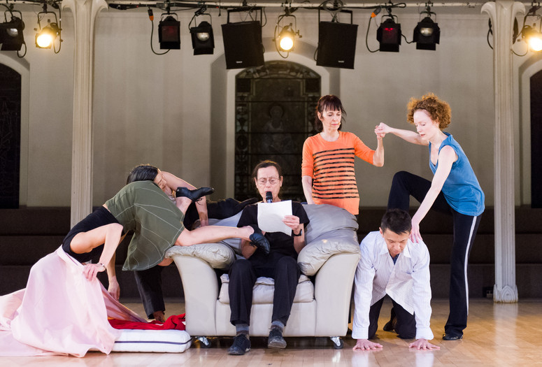 Yvonne Rainer. Assisted Living: Do you have any money? 2013. Performers, from left: Patricia Hoffbauer, Emmanuèlle Phuon, Yvonne Rainer, Pat Catterson, Keith Sabado, and Emily Coates. Photo by Ian Douglas