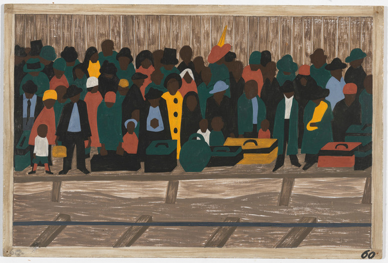 Jacob Lawrence. The Migration Series. 1940–41. Panel 60: "And the migrants kept coming." Casein tempera on hardboard, c. 12 x 18" (30.5 x 45.7 cm). The Museum of Modern Art, New York. Gift of Mrs. David M. Levy. © 2015 The Jacob and Gwendolyn Knight Lawrence Foundation, Seattle/Artists Rights Society (ARS), New York. Digital image © The Museum of Modern Art, New York