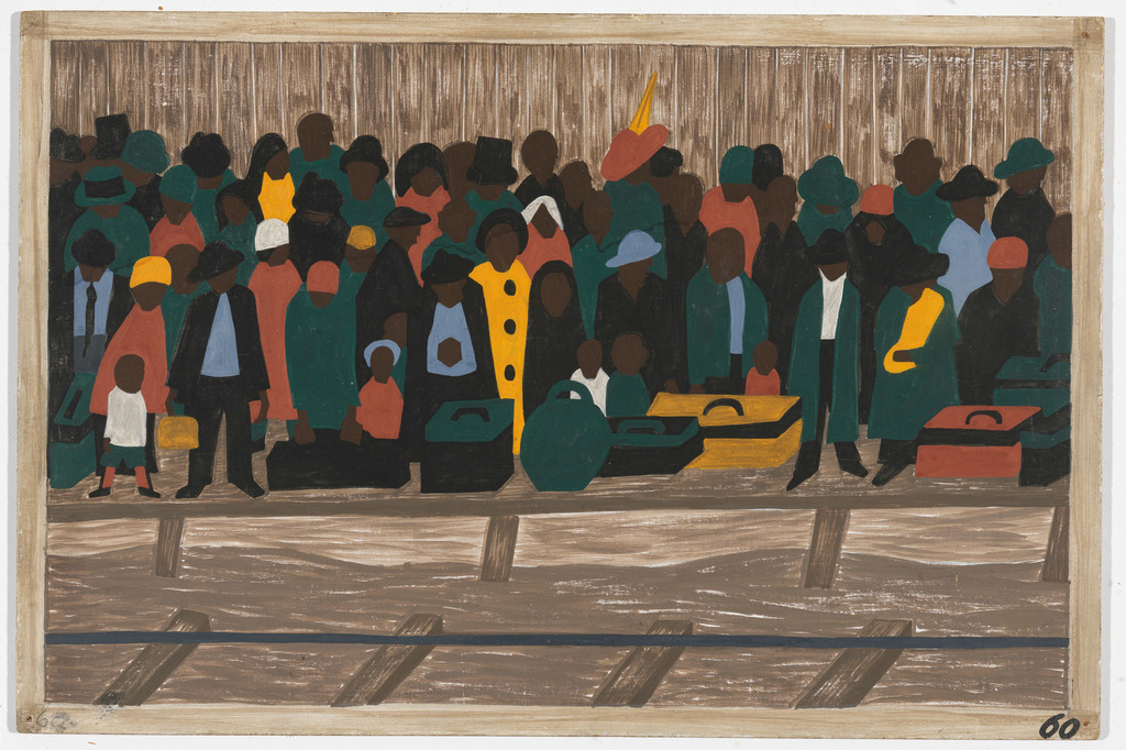 Jacob Lawrence. The Migration Series. 1940–41. Panel 60: "And the migrants kept coming." Casein tempera on hardboard, c. 12 x 18" (30.5 x 45.7 cm). The Museum of Modern Art, New York. Gift of Mrs. David M. Levy. © 2015 The Jacob and Gwendolyn Knight Lawrence Foundation, Seattle/Artists Rights Society (ARS), New York. Digital image © The Museum of Modern Art, New York