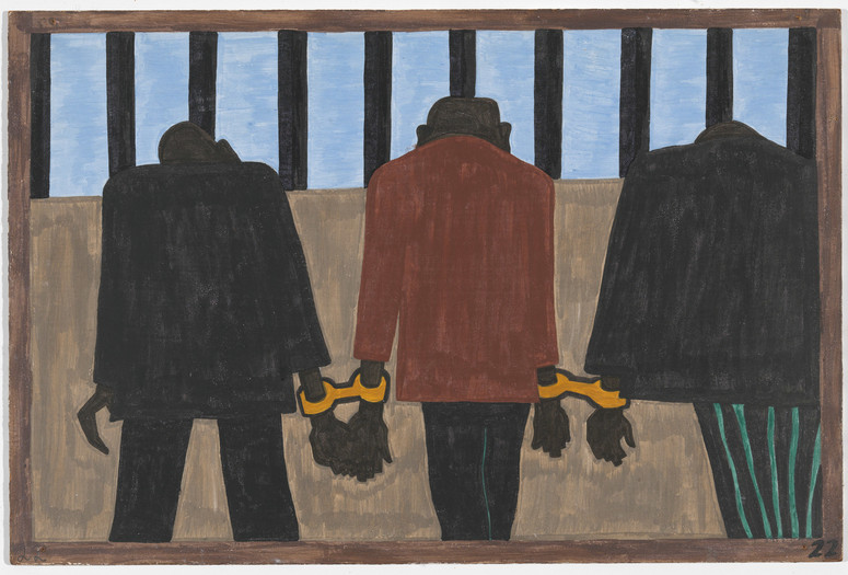 Jacob Lawrence. The Migration Series. 1940–41. Panel 22 of 60: &#34;Another of the social causes of the migrants&#39; leaving was that at times they did not feel safe, or it was not the best thing to be found on the streets late at night. They were arrested on the slightest provocation.&#34; Casein tempera on hardboard, c. 12 x 18&#34; (30.5 cm x 45.7 cm). The Museum of Modern Art, New York. Gift of Mrs. David M. Levy. © 2015 The Jacob and Gwendolyn Knight Lawrence Foundation, Seattle/Artists Rights Society (ARS), New York. Digital image © The Museum of Modern Art, New York