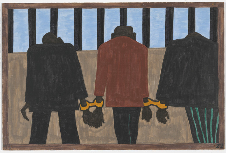 Jacob Lawrence. The Migration Series. 1940–41. Panel 22 of 60: "Another of the social causes of the migrants' leaving was that at times they did not feel safe, or it was not the best thing to be found on the streets late at night. They were arrested on the slightest provocation." Casein tempera on hardboard, c. 12 x 18" (30.5 cm x 45.7 cm). The Museum of Modern Art, New York. Gift of Mrs. David M. Levy. © 2015 The Jacob and Gwendolyn Knight Lawrence Foundation, Seattle/Artists Rights Society (ARS), New York. Digital image © The Museum of Modern Art, New York