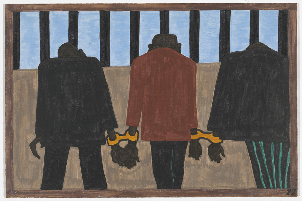 Jacob Lawrence. The Migration Series. 1940–41. Panel 22 of 60: "Another of the social causes of the migrants' leaving was that at times they did not feel safe, or it was not the best thing to be found on the streets late at night. They were arrested on the slightest provocation." Casein tempera on hardboard, c. 12 x 18" (30.5 cm x 45.7 cm). The Museum of Modern Art, New York. Gift of Mrs. David M. Levy. © 2015 The Jacob and Gwendolyn Knight Lawrence Foundation, Seattle/Artists Rights Society (ARS), New York. Digital image © The Museum of Modern Art, New York