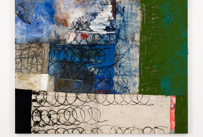 Oscar Murillo. 7+. 2013–14. Oil, oil stick, spray, and graphite on canvas and linen, 82 1/2 × 82 1/2&#34; (209.6 × 209.6 cm). Courtesy the artist and David Zwirner, New York/London and Carlos/Ishikawa, London. Photo: Matthew Hollow