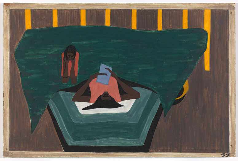 Jacob Lawrence. The Migration Series. 1940-41. Panel 33 of 60: &#34;People who had not yet come North received letters from their relatives telling them of the better conditions that existed in the North.” Casein tempera on hardboard, c. 12 x 18&#34; (30.5 cm x 45.7 cm). The Phillips Collection, Washington, D.C. Acquired 1942. © 2015 The Jacob and Gwendolyn Knight Lawrence Foundation, Seattle/Artists Rights Society (ARS), New York. Photograph courtesy The Phillips Collection, Washington, D.C.