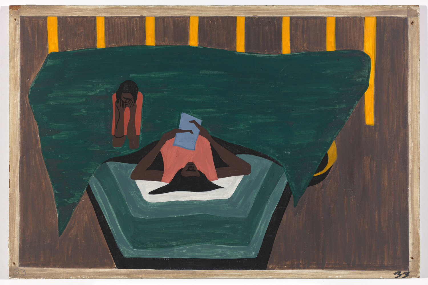 Jacob Lawrence. The Migration Series. 1940-41. Panel 33 of 60: "People who had not yet come North received letters from their relatives telling them of the better conditions that existed in the North.” Casein tempera on hardboard, c. 12 x 18" (30.5 cm x 45.7 cm). The Phillips Collection, Washington, D.C. Acquired 1942. © 2015 The Jacob and Gwendolyn Knight Lawrence Foundation, Seattle/Artists Rights Society (ARS), New York. Photograph courtesy The Phillips Collection, Washington, D.C.