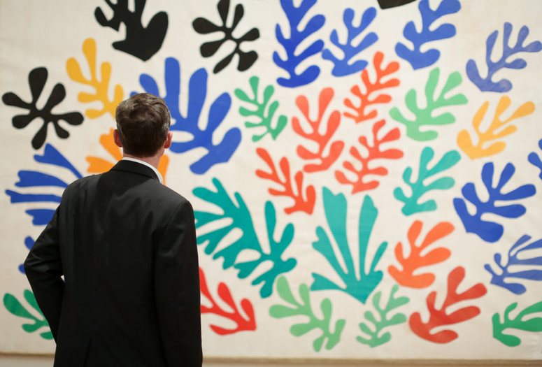 Installation view of Henri Matisse: The Cut-Outs, The Museum of Modern Art, October 12, 2014–February 10, 2015. © 2015 The Museum of Modern Art. Photo: Scott Rudd. Shown: Henri Matisse. The Sheaf (La Gerbe). 1953. Maquette for ceramic (realized 1953). Gouache on paper, cut and pasted, on paper, mounted on canvas, 115 ¾ x 137 ¾” (294 x 350 cm). Collection University of California, Los Angeles. Hammer Museum. Gift of Mr. and Mrs. Sidney F. Brody. © 2015 Succession H. Matisse/Artists Rights Society (ARS), New York