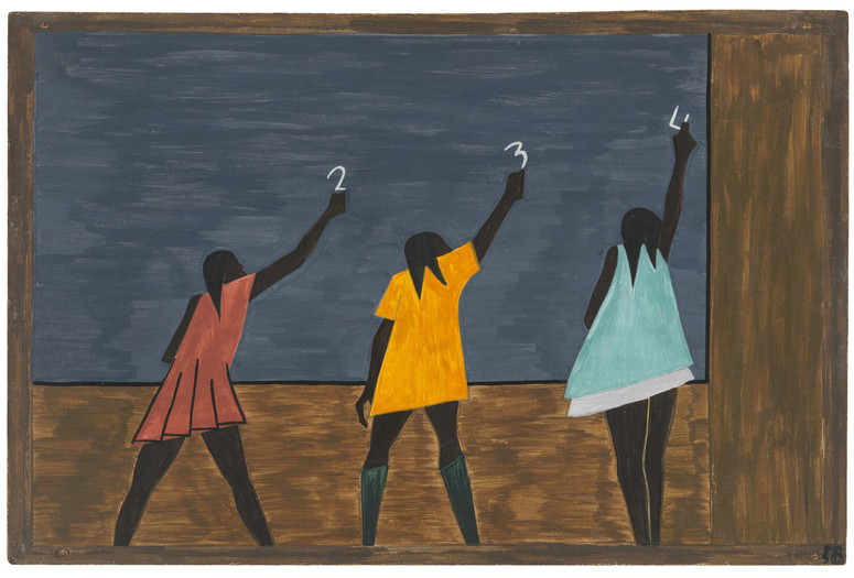 Jacob Lawrence. The Migration Series. 1940-41. Panel 58: “In the North the Negro had better educational facilities.” Casein tempera on hardboard, 18 x 12″ (45.7 x 30.5 cm). The Museum of Modern Art, New York. Gift of Mrs. David M. Levy. © 2015 The Jacob and Gwendolyn Knight Lawrence Foundation, Seattle / Artists Rights Society (ARS), New York. Digital image © The Museum of Modern Art/Licensed by SCALA / Art Resource, NY