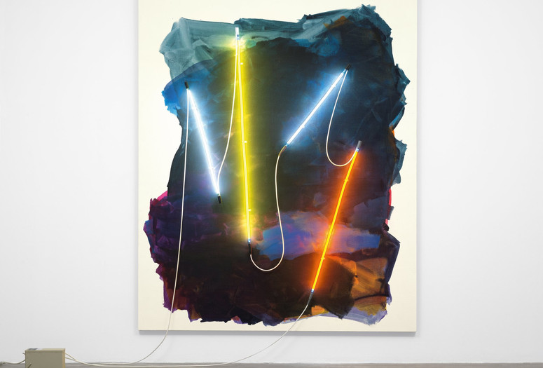 Mary Weatherford. Coney Island II. 2012. Flashe paint on linen with neon lights and transformer, 8&#39; 7&#34; x 6&#39; 11&#34; (261.6 x 210.8 cm). The Museum of Modern Art, New York. Fund for the Twenty-First Century. Photo: Jonathan Muzikar