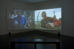 Andrea Fraser. Soldadera (Scenes from Un banquete en Tetlapayac, a film by Olivier Debroise). 1998/2001. Two-channel video installation (color, sound), 5-page facsimile letter from Frances Flynn Paine to Mrs. Abby Aldrich Rockefeller. Committee on Media and Performance Art Funds. The Museum of Modern Art, New York. Installation view, Modernologies, MACBA, 2009. © Photographer: Tony Coll. Courtesy of Museu d’Art Contemporani de Barcelona (MACBA)