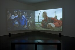 Andrea Fraser. Soldadera (Scenes from Un banquete en Tetlapayac, a film by Olivier Debroise). 1998/2001. Two-channel video installation (color, sound), 5-page facsimile letter from Frances Flynn Paine to Mrs. Abby Aldrich Rockefeller. Committee on Media and Performance Art Funds. The Museum of Modern Art, New York. Installation view, Modernologies, MACBA, 2009. © Photographer: Tony Coll. Courtesy of Museu d’Art Contemporani de Barcelona (MACBA)