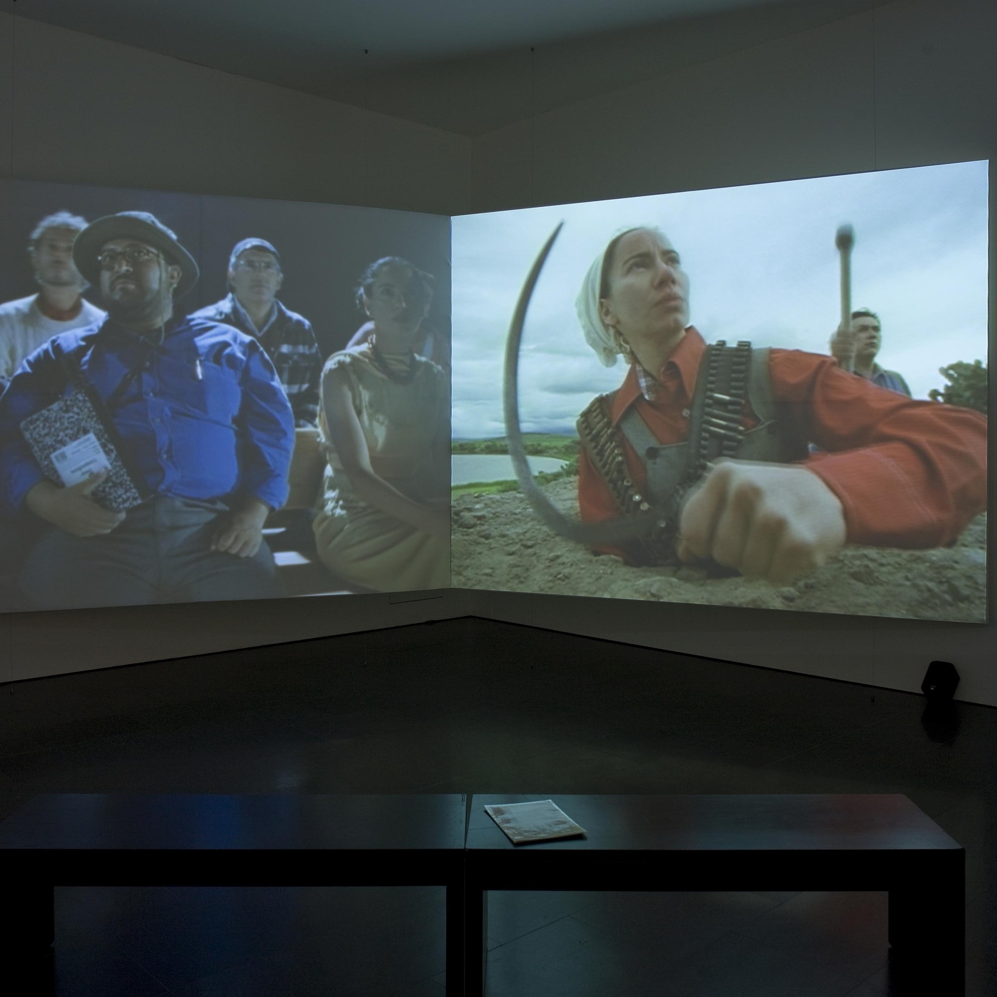 Andrea Fraser. Soldadera (Scenes from Un banquete en Tetlapayac, a film by Olivier Debroise). 1998/2001. Two-channel video installation (color, sound), 5-page facsimile letter from Frances Flynn Paine to Mrs. Abby Aldrich Rockefeller. Committee on Media and Performance Art Funds. The Museum of Modern Art, New York. Installation view, Modernologies, MACBA, 2009. © Photographer: Tony Coll. Courtesy of Museu d’Art Contemporani de Barcelona (MACBA)