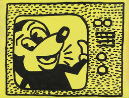 Sturtevant. Haring Tag July 15 1981. 1985. Sumi ink and acrylic on cloth, 9 13/16 × 12 13/16&#34; (25 × 32.5 cm). Estate Sturtevant, Paris. Courtesy Galerie Thaddaeus Ropac, Paris–Salzburg. Photo: Prallen Allsten. © Estate Sturtevant, Paris