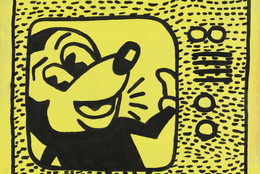 Sturtevant. Haring Tag July 15 1981. 1985. Sumi ink and acrylic on cloth, 9 13/16 × 12 13/16&#34; (25 × 32.5 cm). Estate Sturtevant, Paris. Courtesy Galerie Thaddaeus Ropac, Paris–Salzburg. Photo: Prallen Allsten. © Estate Sturtevant, Paris