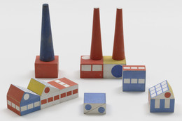 Ladislav Sutnar. Prototype for Build the Town Building Blocks. 1940–43. Painted wood, large block: 1 3/4 × 2 3/4 × 2 3/4″ (4.4 × 7 × 7 cm). The Museum of Modern Art, New York. Gift of Ctislav Sutnar and Radoslav Sutnar