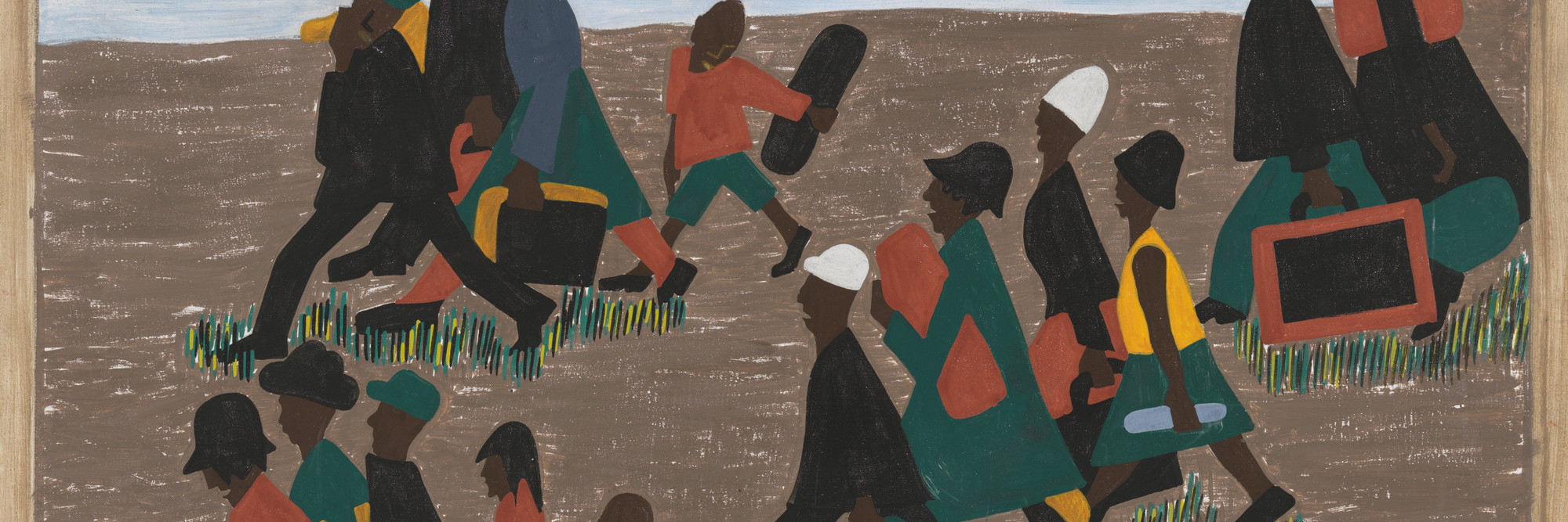 Jacob Lawrence. The Migration Series. 1940-41. Panel 40: The migrants arrived in great numbers. Casein tempera on hardboard, 18 × 12″ (45.7 × 30.5 cm). The Museum of Modern Art, New York. Gift of Mrs. David M. Levy. © 2015 The Jacob and Gwendolyn Knight Lawrence Foundation, Seattle / Artists Rights Society (ARS), New York. Digital image © The Museum of Modern Art/Licensed by SCALA / Art Resource, NY