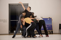 Yvonne Rainer. The Concept of Dust, or How do you look when there’s nothing left to move? 2015. Performers, from left: Keith Sabado, Patricia Hoffbauer, Yvonne Rainer, Emmanuèlle Phuon, David Thomson, and Pat Catterson. Photograph © 2015 The Museum of Modern Art, New York. Photo: Julieta Cervantes