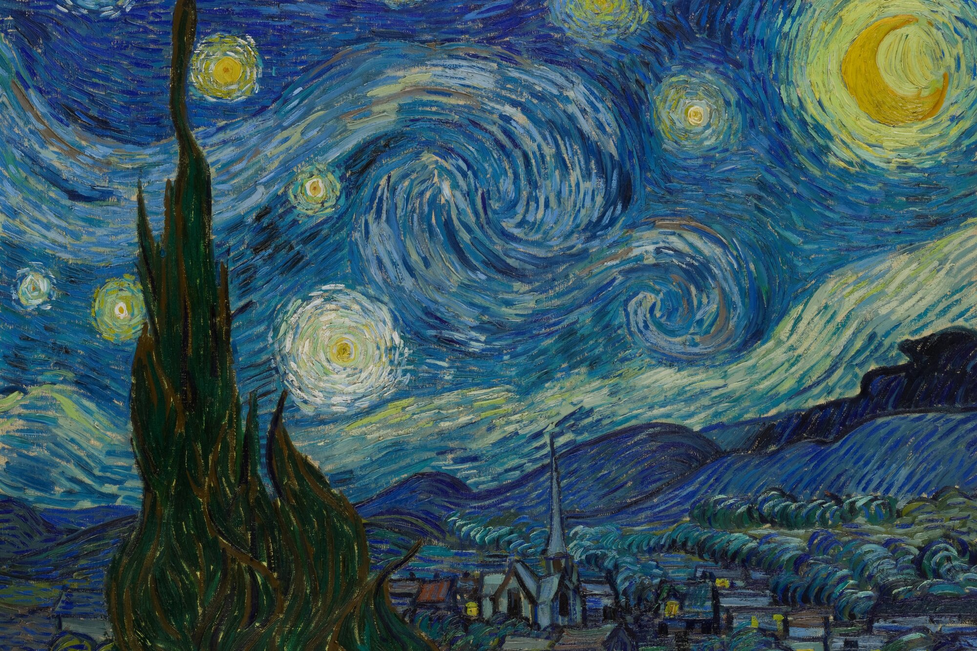 Vincent van Gogh. The Starry Night. Saint Rémy, June 1889. Oil on canvas, 29 × 36 1/4″ (73.7 × 92.1 cm). Acquired through the Lillie P. Bliss Bequest