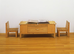 Dieter Roth. Snow. 1964/69. Artist’s book of mixed mediums, with wood table and two wood chairs. Book (closed) 4 × 18 × 20″ (10.2 × 45.7 × 50.8 cm) (irregular), collages, each 20 × 18″ (50.8 × 45.7 cm), commode 22 5/8 × 58 3/4 × 25 7/8″ (57 × 149 × 65.8 cm), chairs, each 24 1/8 × 17 3/4 × 18 1/2″ (61 × 45.1 × 47 cm). The Museum of Modern Art, New York. Committee on Painting and Sculpture Funds, 1998. © 2013 Estate of Dieter Roth