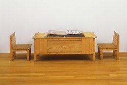 Dieter Roth. Snow. 1964/69. Artist’s book of mixed mediums, with wood table and two wood chairs. Book (closed) 4 × 18 × 20″ (10.2 × 45.7 × 50.8 cm) (irregular), collages, each 20 × 18″ (50.8 × 45.7 cm), commode 22 5/8 × 58 3/4 × 25 7/8″ (57 × 149 × 65.8 cm), chairs, each 24 1/8 × 17 3/4 × 18 1/2″ (61 × 45.1 × 47 cm). The Museum of Modern Art, New York. Committee on Painting and Sculpture Funds, 1998. © 2013 Estate of Dieter Roth