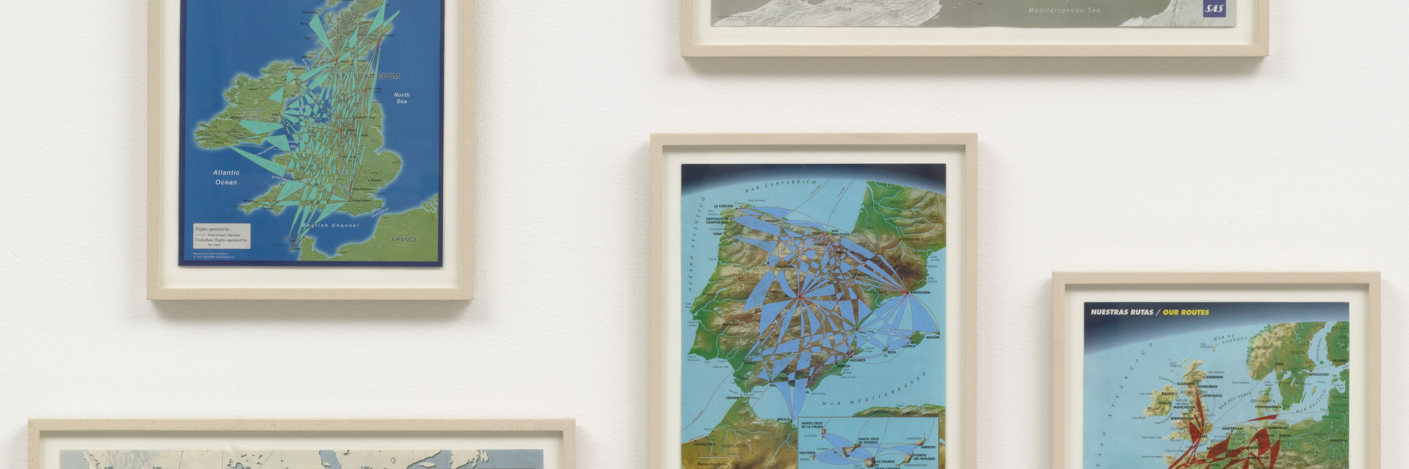 Mona Hatoum. Routes II. 2002. Colored ink and gouache on five maps, installation: 35 1/2 × 42 × 1″ (90.2 × 106.7 × 2.5 cm). The Judith Rothschild Foundation Contemporary Drawings Collection Gift. © 2013 Mona Hatoum