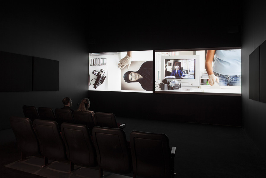 Akram Zaatari. On Photography, People and Modern Times. 2010. Two-channel synchronized HD projection (color, sound), 38:43 min. Installation view of Projects 100: Akram Zaatari. 2013. Photo by John Wronn. © The Museum of Modern Art, New York.