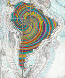 Juan Downey. Map of America. 1975. Colored pencil, pencil, and synthetic polymer paint on map on board. The Museum of Modern Art, New York. Purchased with funds provided by the Latin American and Caribbean Fund and Donald B. Marron. © 2015 Juan Downey / Artists Rights Society (ARS), New York