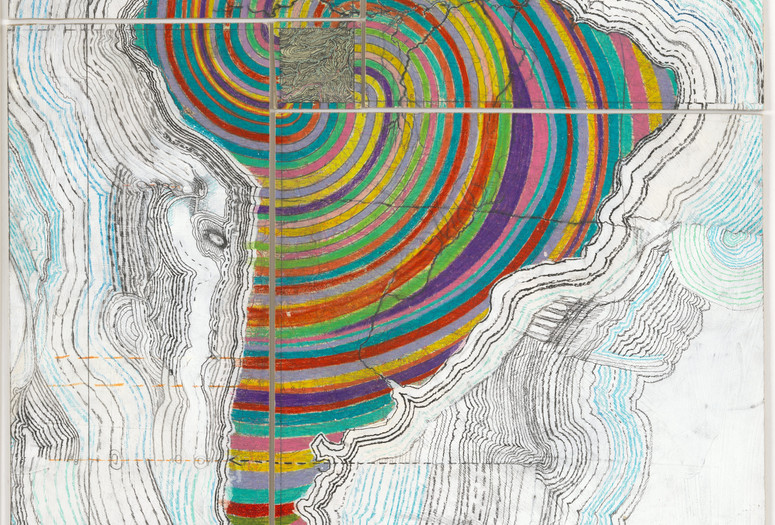 Credit: Juan Downey. Map of America. 1975. Colored pencil, pencil, and synthetic polymer paint on map on board. The Museum of Modern Art, New York. Purchased with funds provided by the Latin American and Caribbean Fund and Donald B. Marron. © 2015 Juan Downey/Artists Rights Society (ARS), New York