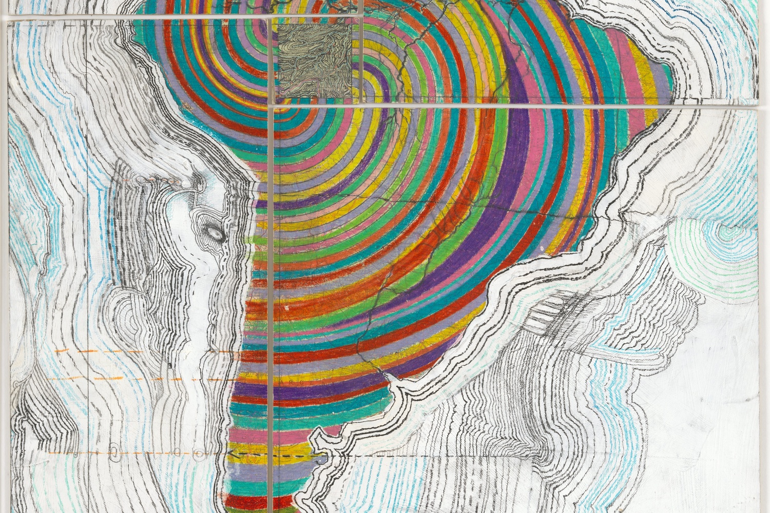 Credit: Juan Downey. Map of America. 1975. Colored pencil, pencil, and synthetic polymer paint on map on board. The Museum of Modern Art, New York. Purchased with funds provided by the Latin American and Caribbean Fund and Donald B. Marron. © 2015 Juan Downey/Artists Rights Society (ARS), New York