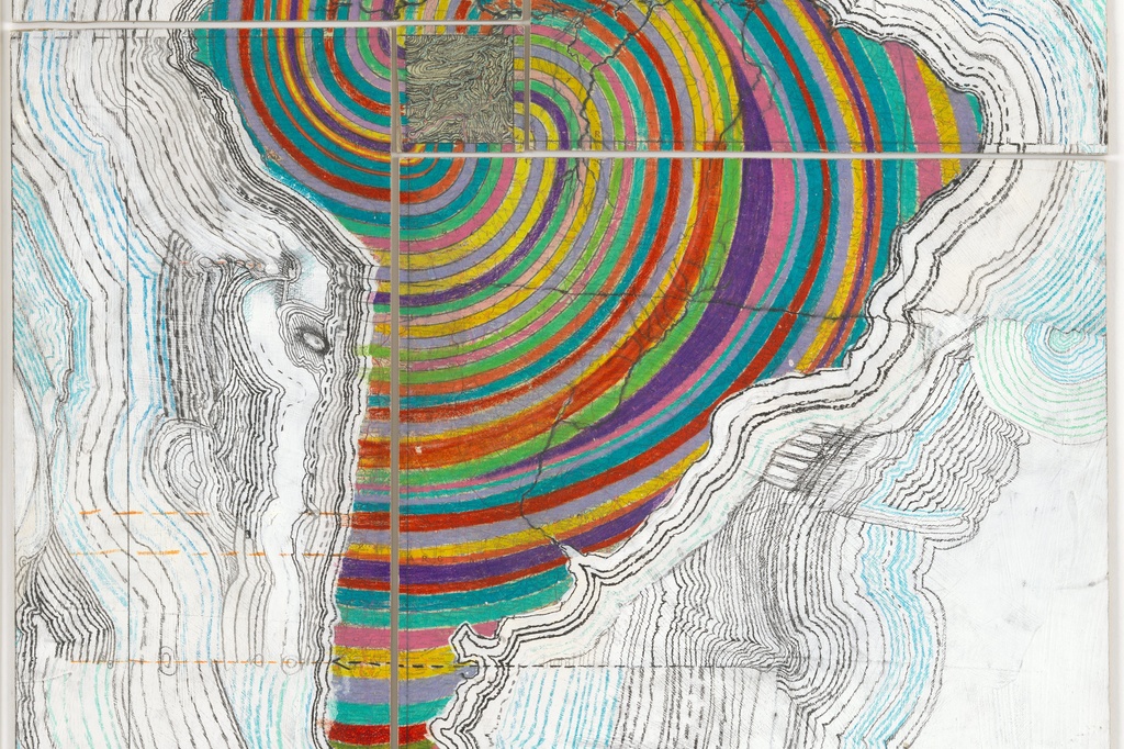 Credit: Juan Downey. Map of America. 1975. Colored pencil, pencil, and synthetic polymer paint on map on board. The Museum of Modern Art, New York. Purchased with funds provided by the Latin American and Caribbean Fund and Donald B. Marron. © 2015 Juan Downey/Artists Rights Society (ARS), New York