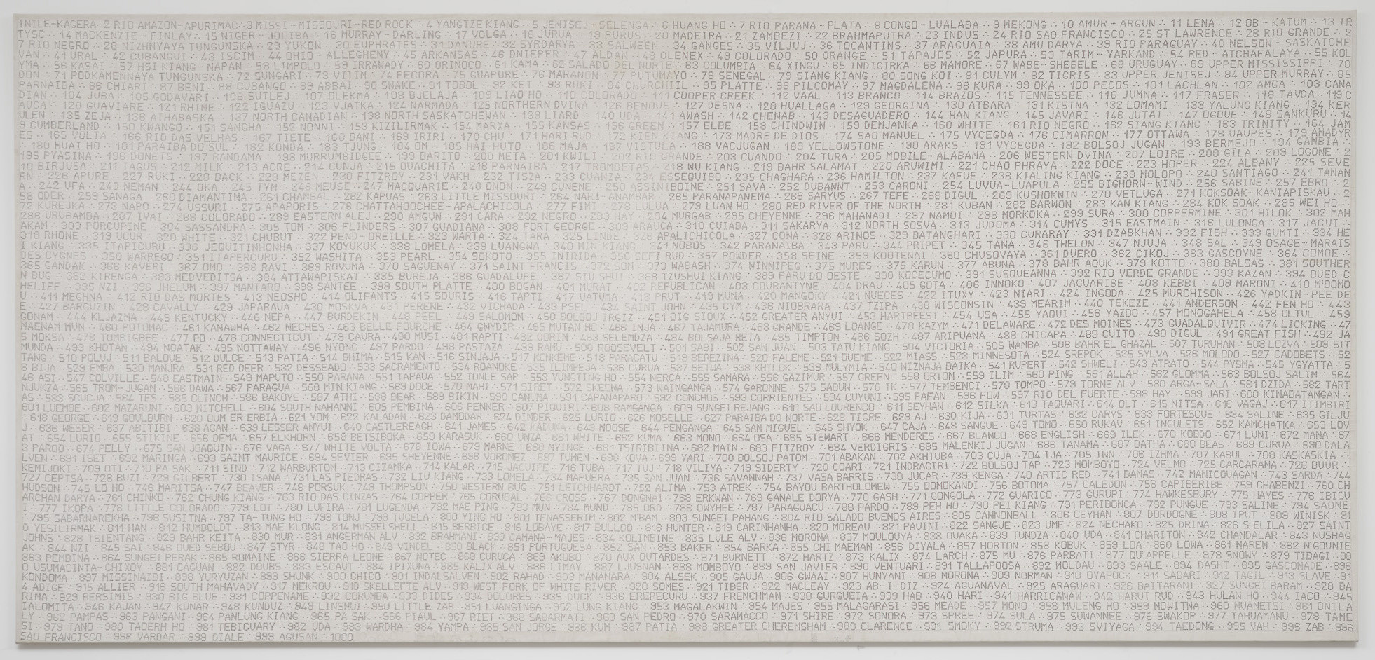 Embroidery on cotton and linen, 8' 3" x 17' 7" (251.5 x 535.9 cm). The Museum of Modern Art, New York. Gift of Jo Carole and Ronald S. Lauder, Jeanne C. Thayer Fund, The Bernhill Fund, Patricia Phelps de Cisneros Fund, Agnes Gund, and Barbara Jakobson Fund. © 2012 Estate of Alighiero Boetti / Artists Rights Society (ARS), New York / SIAE, Rome