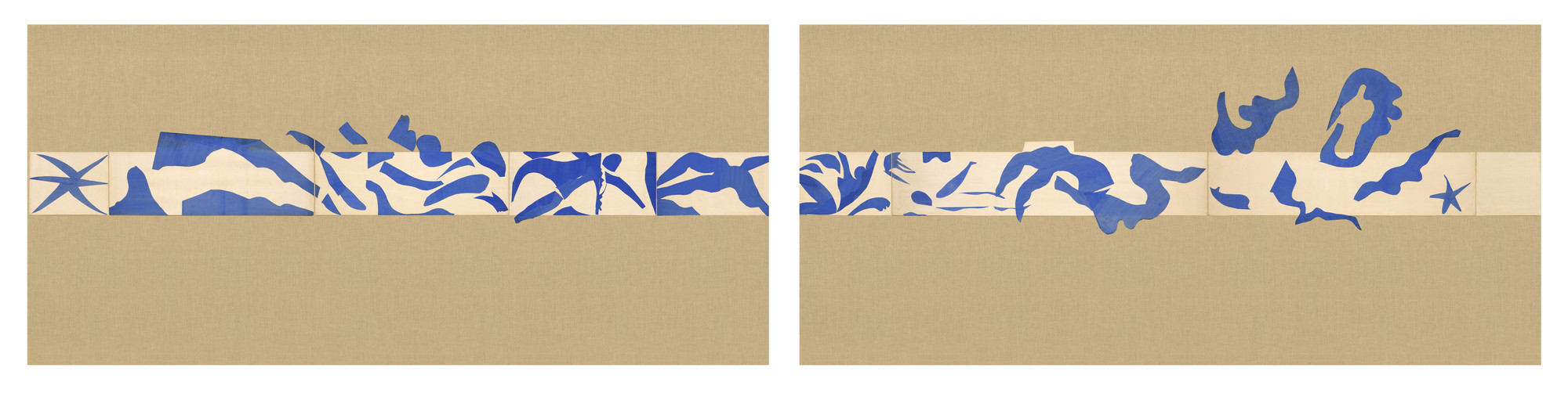Maquette for ceramic (realized 1999 and 2005). Gouache on paper, cut and pasted, on painted paper. Overall 73 x 647” (185.4 x 1653.3 cm). Installed as nine panels in two parts on burlap-covered walls 136” (345.4 cm) high. Frieze installed at a height of 65” (165 cm). The Museum of Modern Art, New York. Mrs Bernard F. Gimbel Fund, 1975 © 2014 Succession H. Matisse / Artists Rights Society (ARS), New York