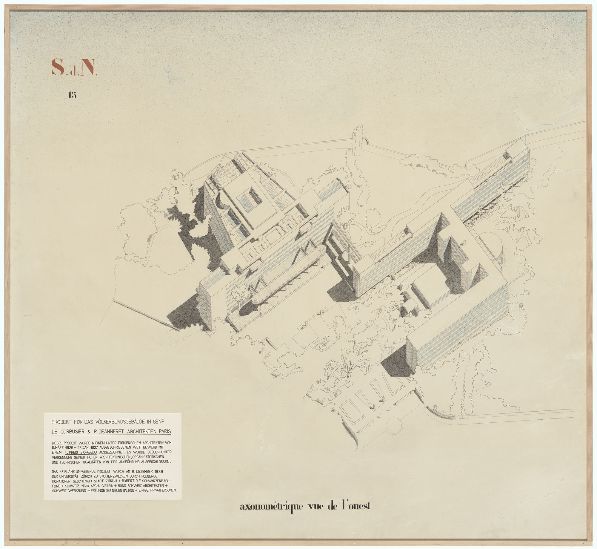 Axonometric. Heliographic print on paper, with ink and collage, 53 3/8 x 57 7/8″ (135.5 x 147 cm). Institut für Geschichte und Theorie der Architektur, ETH Zürich