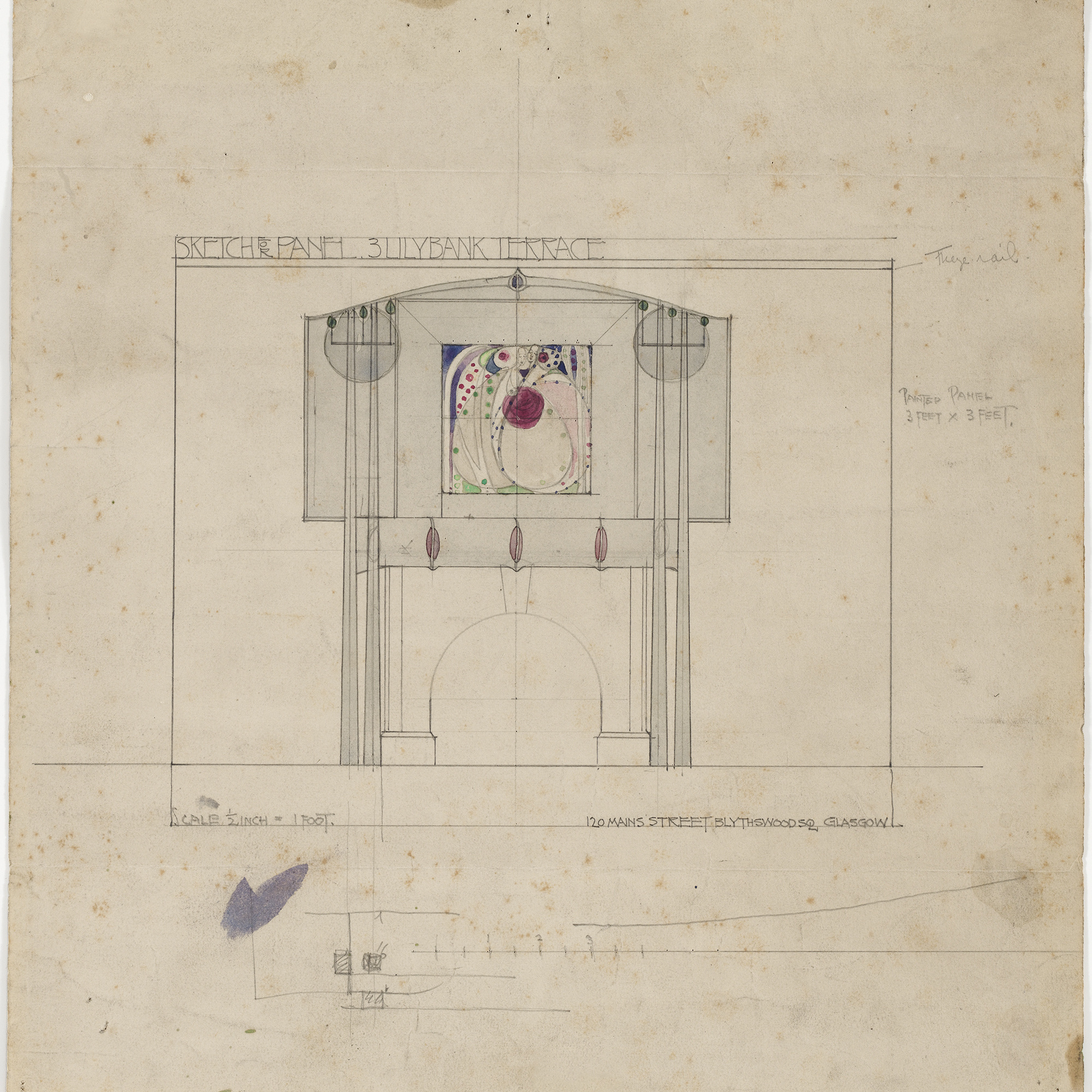 Charles Rennie Mackintosh (British, 1868–1928) and Margaret Macdonald (British, 1865–1933). Design for a Fireplace Wall, interior elevation of drawing room at 3 Lilybank Terrace, Glasgow. 1901. Pencil and watercolor on paper. 11 1/2 × 10 3/4″ (29.2 × 27.3 cm). The Museum of Modern Art, New York. Gift of Joseph H. Heil, by exchange, 2009
