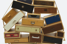 Tejo Remy. You Can’t Lay Down Your Memory Chest of Drawers. 1991. Metal, paper, plastic, burlap, contact paper and paint, 55.5 × 53 × 20″ (141 × 134.6 × 50.8 cm). Manufactured by Tejo Remy for Droog Design, the Netherlands. Frederieke Taylor Purchase Fund
